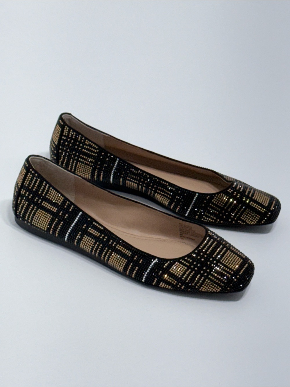 INC Juney4 Rhinestone Plaid Ballet Flats Women 8M Black Gold Square Toe NWOB